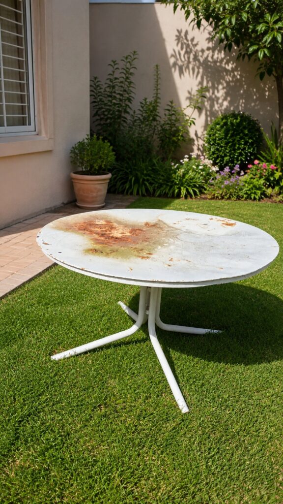 Mesa de jardín redonda de chapa, ideal para restaurar y dejar a gusto.